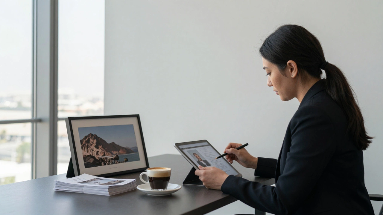 A professional woman reviewing client profiles in a minimalist Dubai agency office with subtle cultural decor.