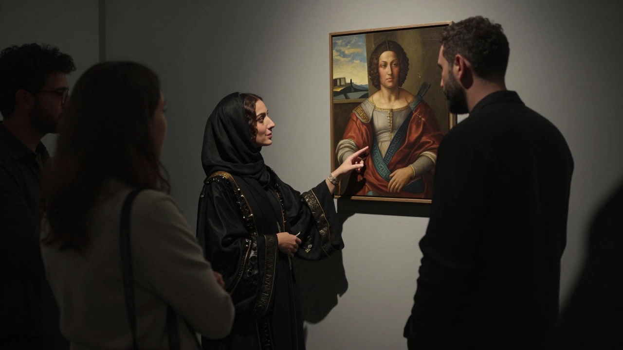 A woman in an abaya and a guest viewing art at a private gallery opening, sharing a moment of cultural connection.