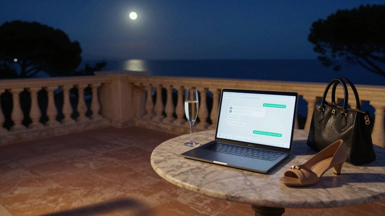 An empty villa terrace at night with a champagne glass and blurred WhatsApp screen.